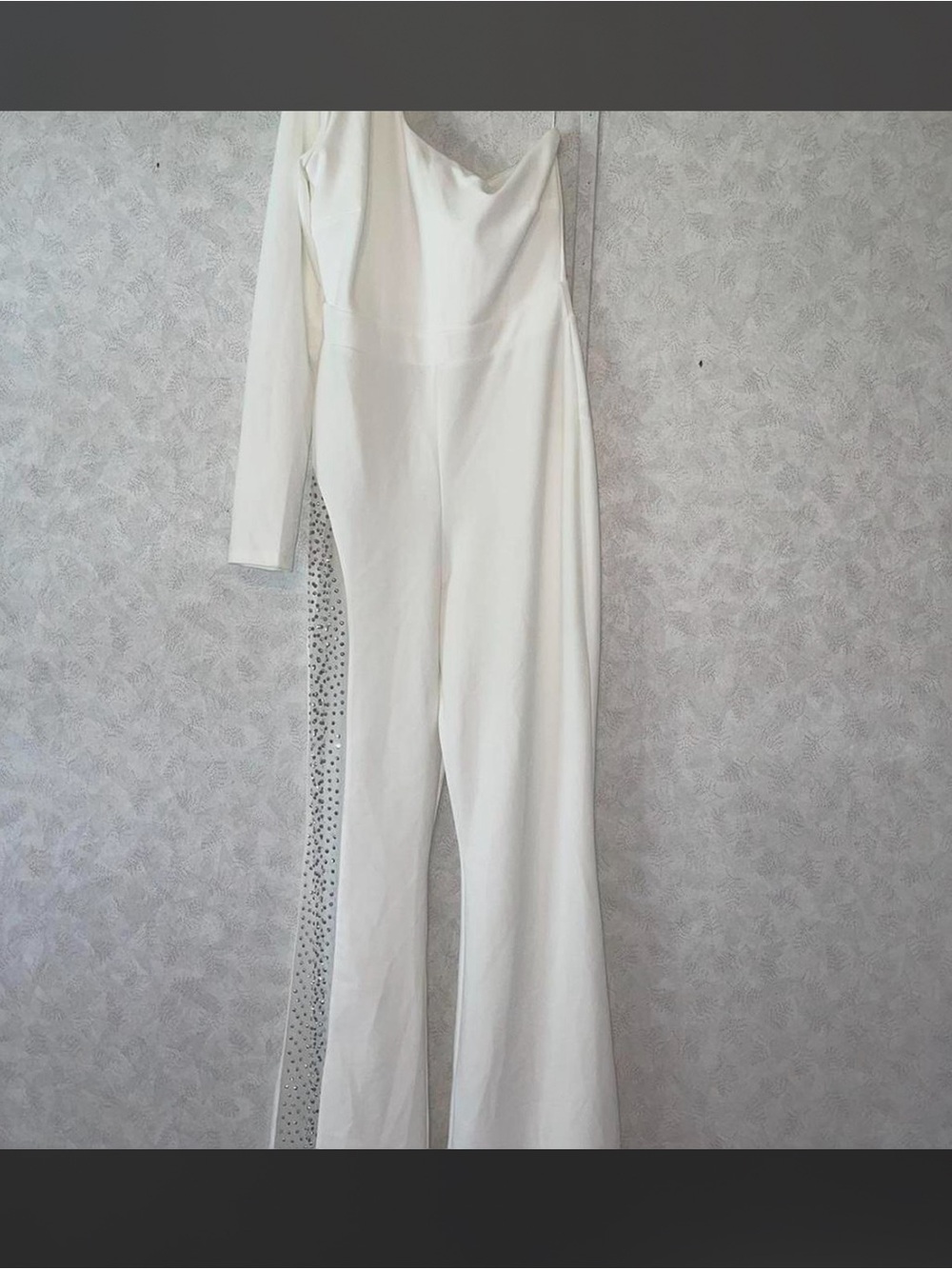 Women’s White Bridal Off The Shoulder Long-Sleeve Jumpsuit with Side Rhinestone